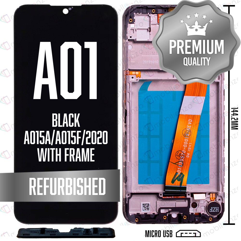 LCD Assembly for Galaxy A01 (A015A/A015F/2020 (Micro USB Frame / Narrow FPC Connector) with Frame - Black (Premium/Refurbished)