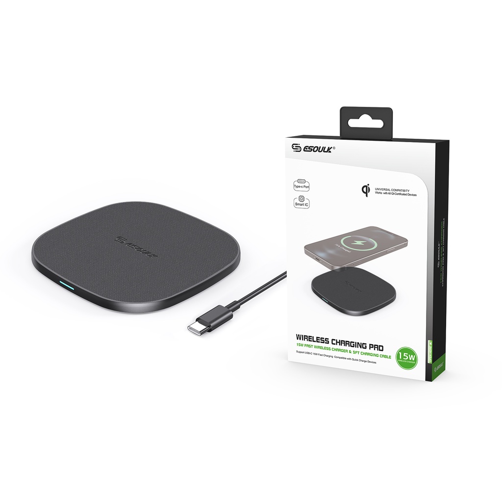 Esoulk QI 15W Wireless Charging Pad Fast Charger 5ft - Black