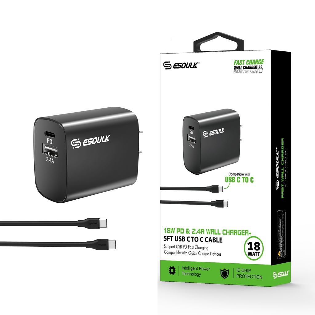 Esoulk 18W Wall Charger PD & 2.4A USB with 5ft USB C to C cable - Black