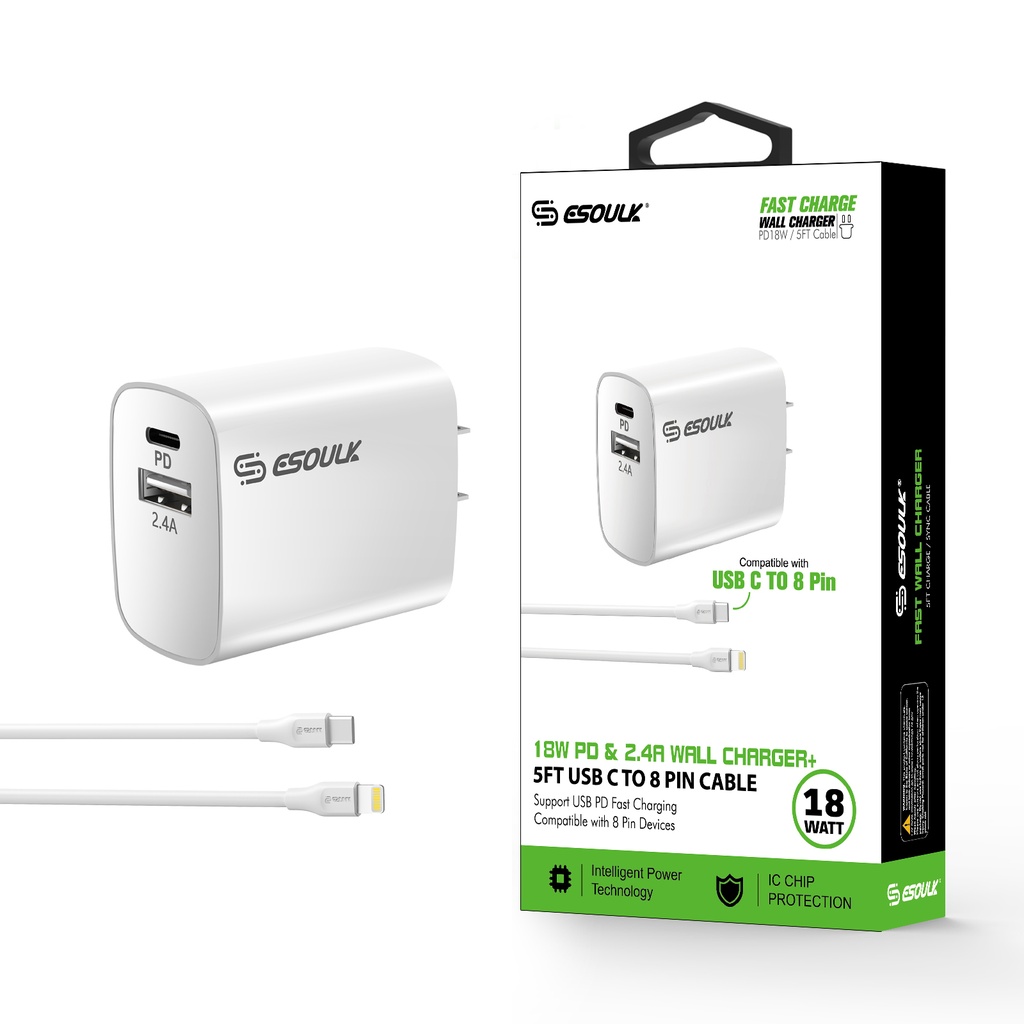 Esoulk 18W Wall Charger PD & 2.4A USB with 5ft USB C to IOS cable - White