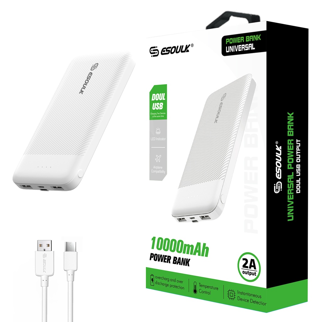 Esoulk 2A Output &Doul USB Power Bank 10000mAh - White