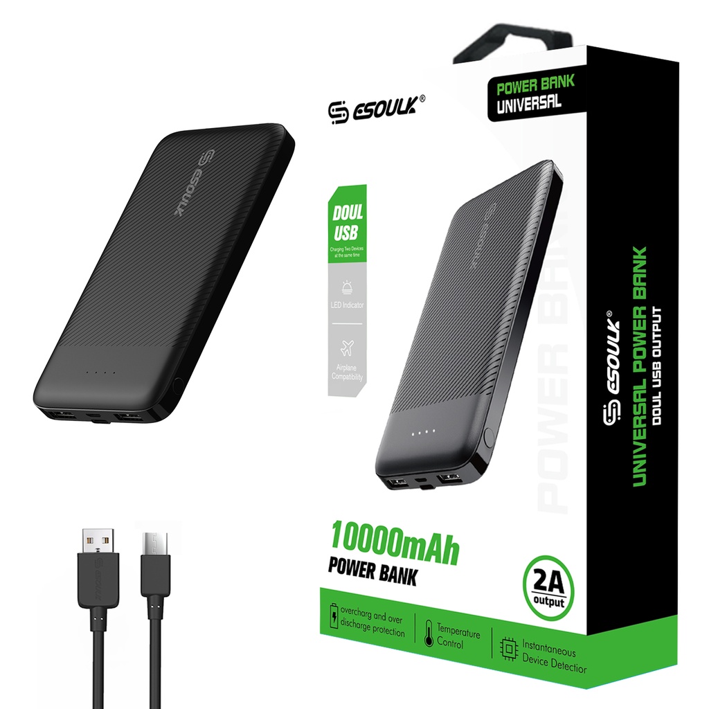 Esoulk 2A Output &Dual USB Power Bank 10000mAh - Black