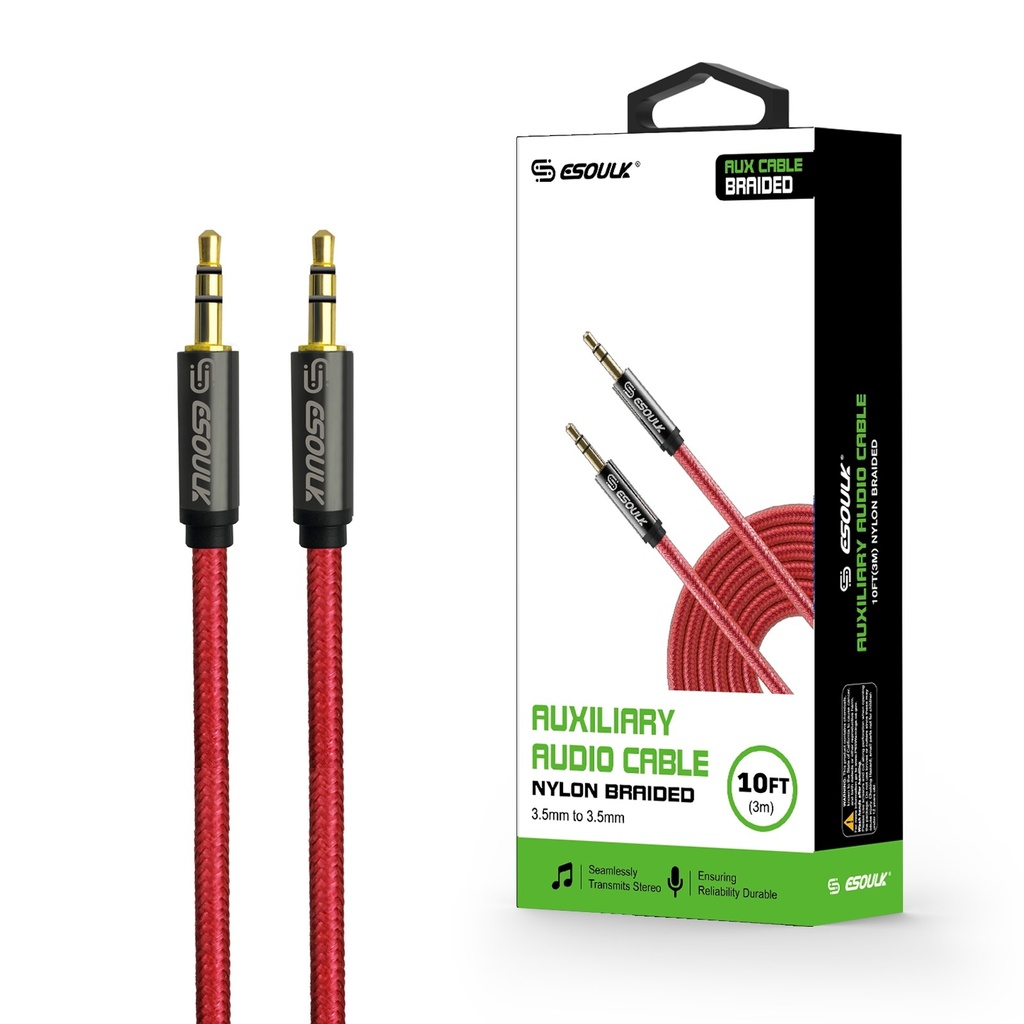 Esoulk 3.5mm Auxiliary Audio Braided  Cable 10FT - Red