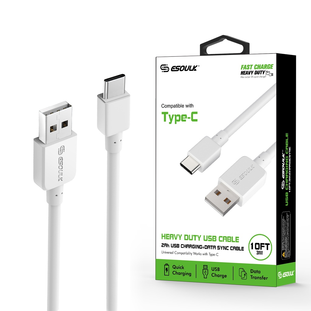 Esoulk (10 ft) Round Cable For Type-C 2A - White