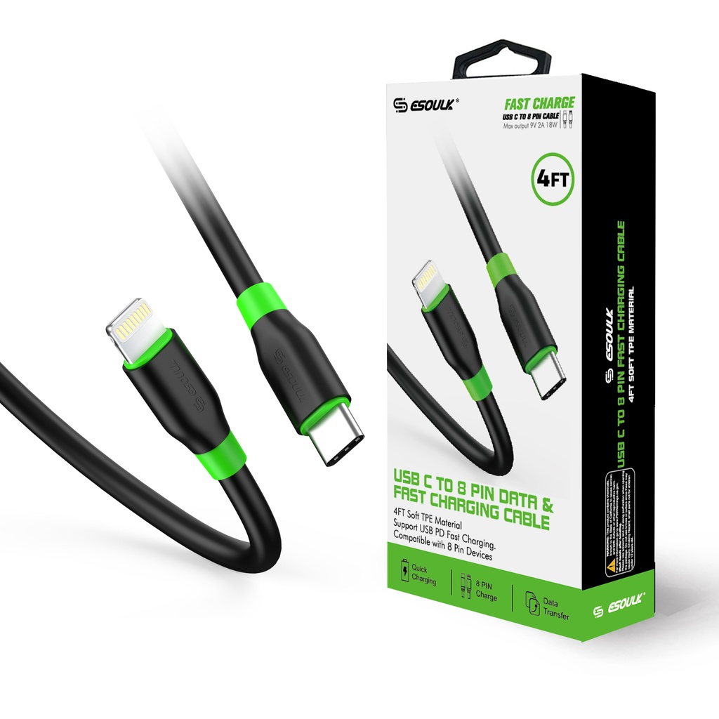 Esoulk Type-C to Lightning Cable (4 ft) - Black