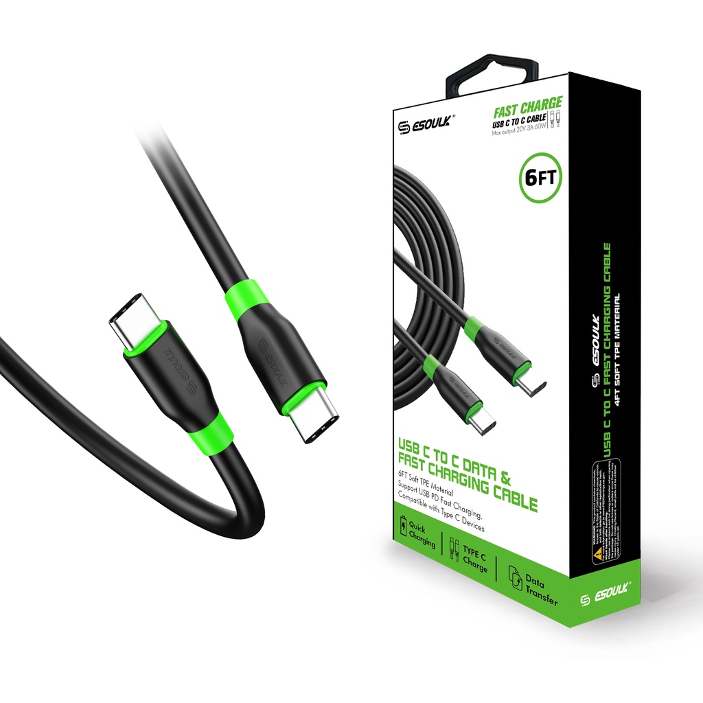 Esoulk USB-C to C Cable 6ft / 1.8m - Black