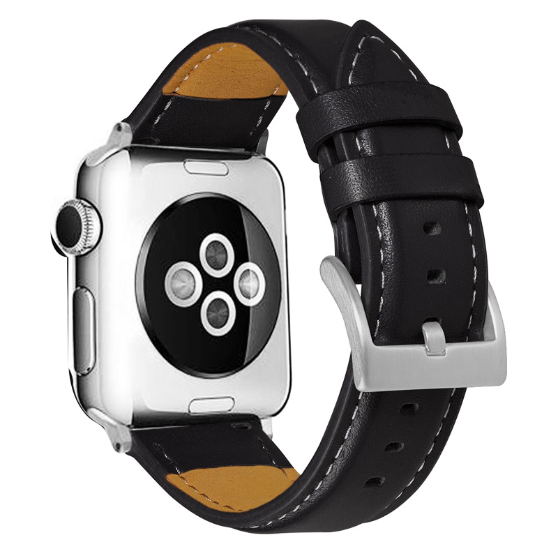 Genuine Leather classic iWatch band 38/40/41mm - Black With Silver Buckle