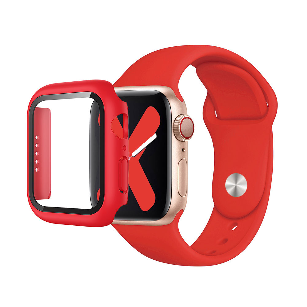 Premium Silicone Band & Bumper w/Tempered Glass iWatch 41mm - Red