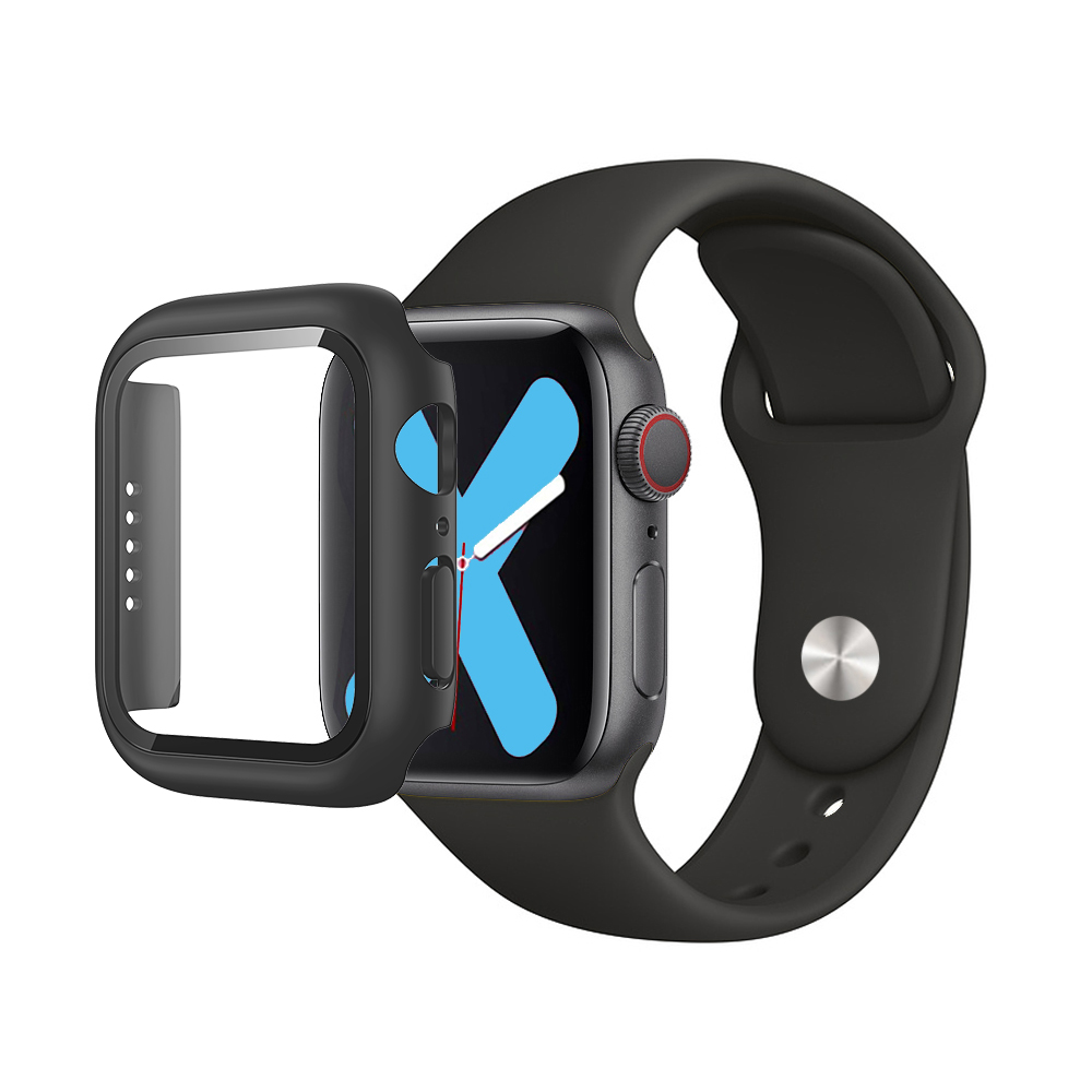 Premium Silicone Band & Bumper w/Tempered Glass iWatch 45mm - Black