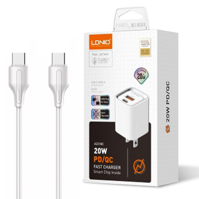 LDNIO A2318C 20W PD/QC3.0 Fast Charger included USB-C + C Cable (White)
