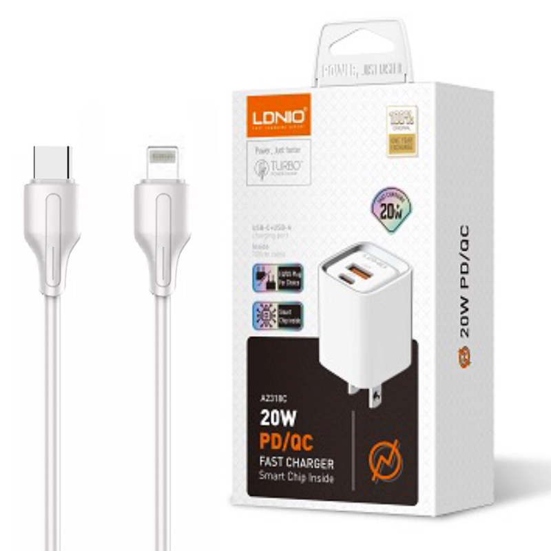 LDNIO A2318C 20W PD/QC3.0 Fast Charger included USB-C to USB-L Cable (White)
