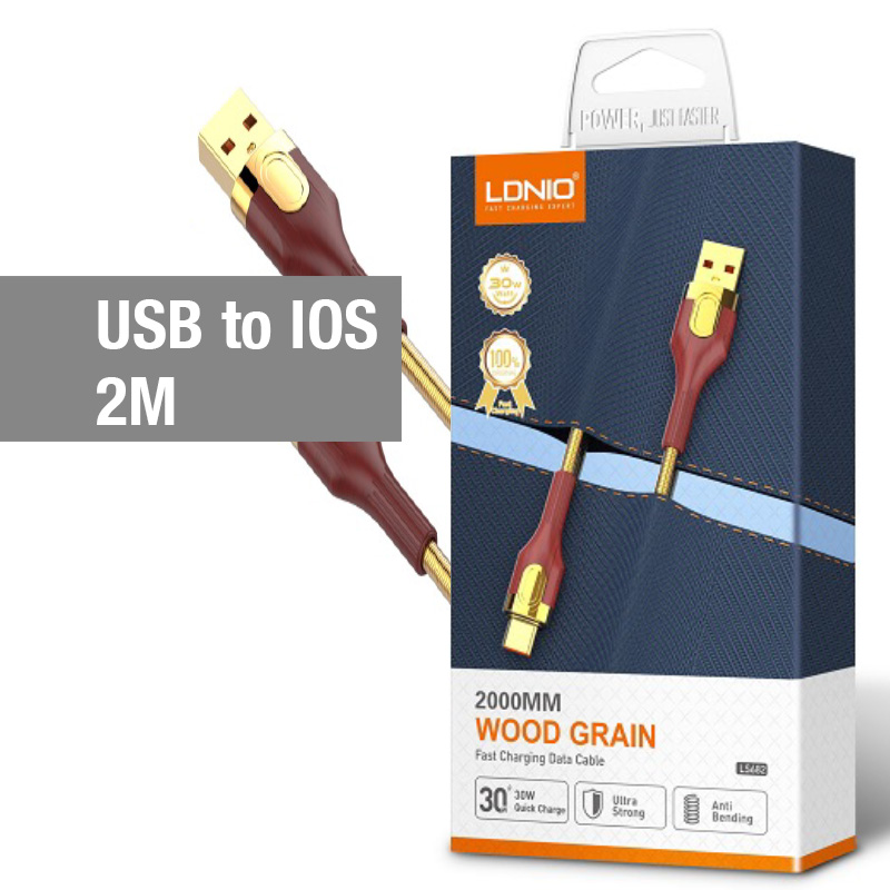 LS682 LDNIO 30W Wood Texture Gold Fast Charging Data Cable USB to IOS (2M)