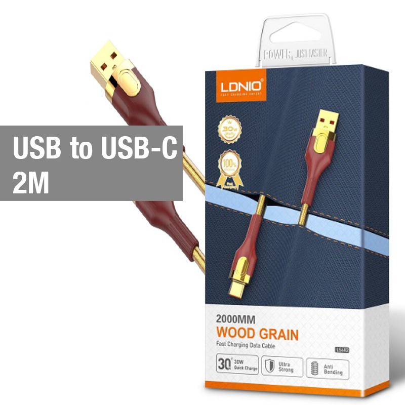 LDNIO LS682 30W Wood Texture Fast Charging Data Cable USB-A to USB-C (6 ft) (Gold)