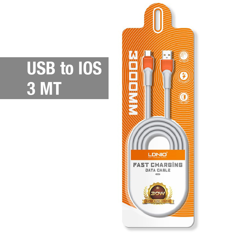 LDNIO LS603 30W Fast Charging Data Cable USB-A to USB-L (9 ft) (Gray) 