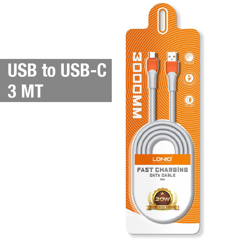 LDNIO LS603 30W Fast Charging Data Cable USB-A to USB-C (9 ft) (Gray)