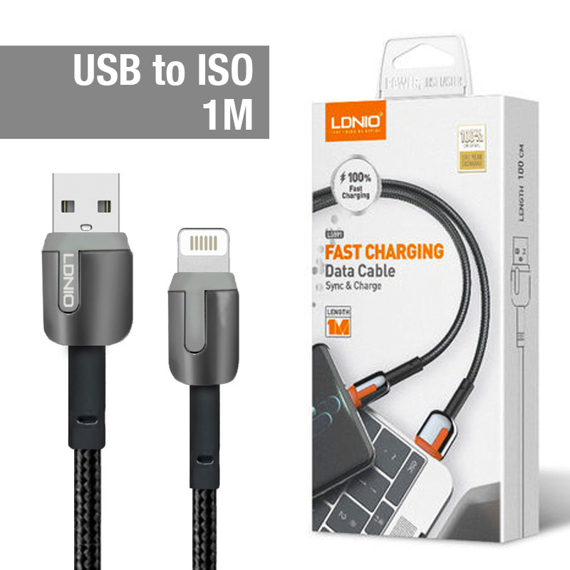 LS591 LDNIO Fabric Nylon Braided Mobile Phone Fast Charging Data USB to IOS Cable Gray 2.4A (1M)