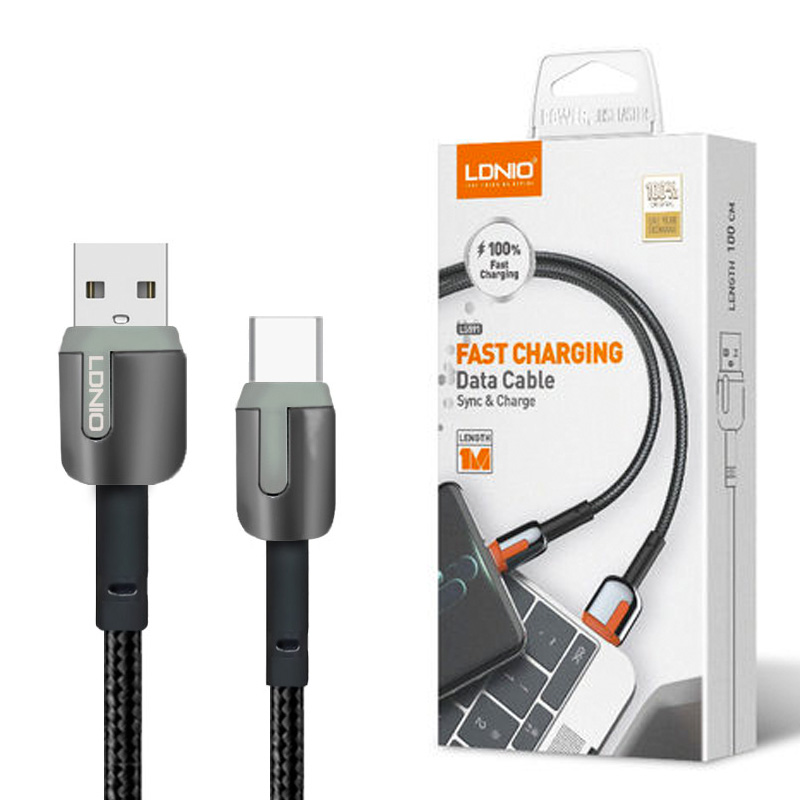 LS591 LDNIO Fabric Nylon Braided Mobile Phone Fast Charging Data USB to Type-C Cable Gray 2.4A (1M)