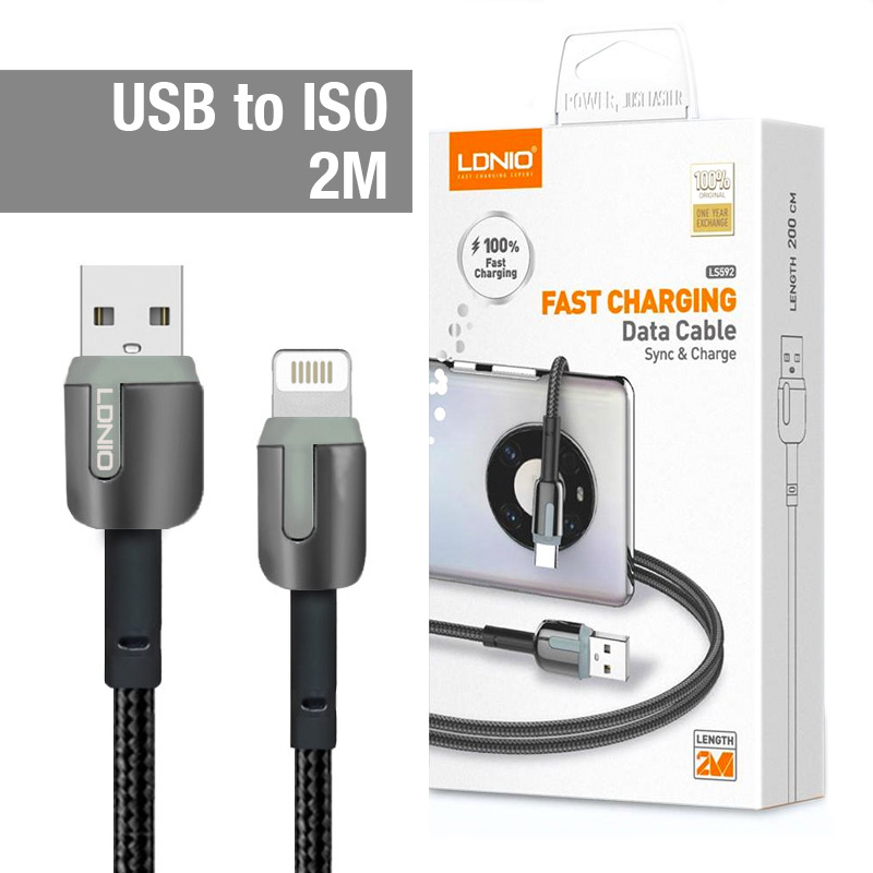 LS592 LDNIO Fabric Nylon Braided Mobile Phone Fast Charging Data USB to IOS Cable Gray 2.4A (2M)