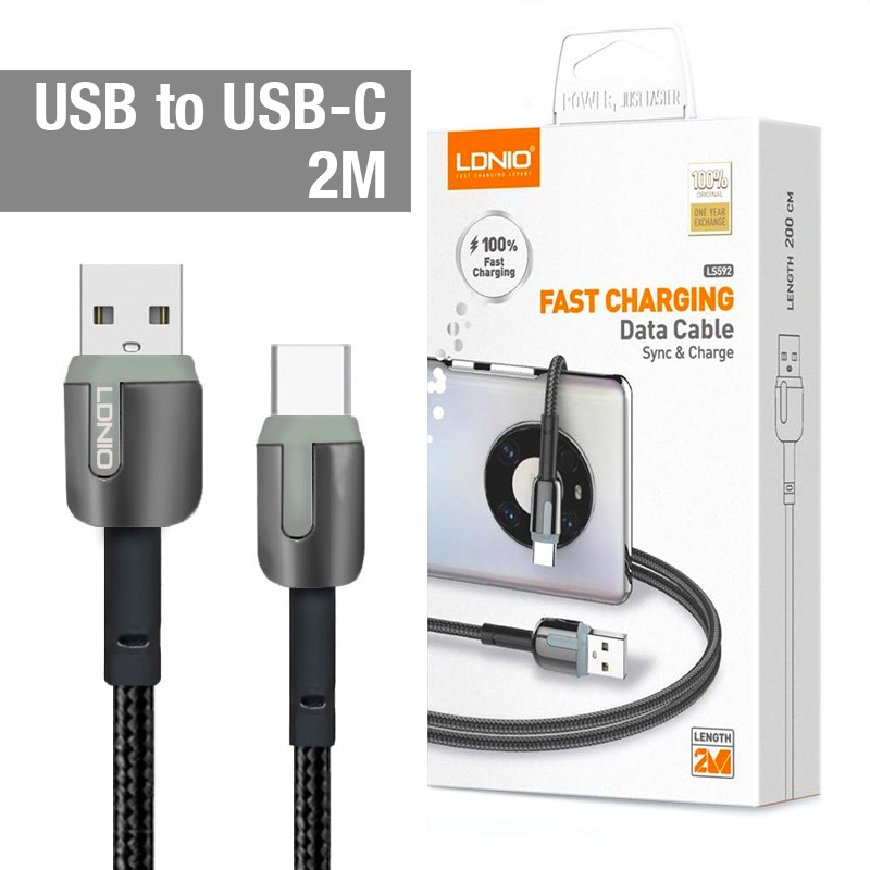 LS592 LDNIO Fabric Nylon Braided Mobile Phone Fast Charging Data USB to Type-C Cable Gray 2.4A (2M)