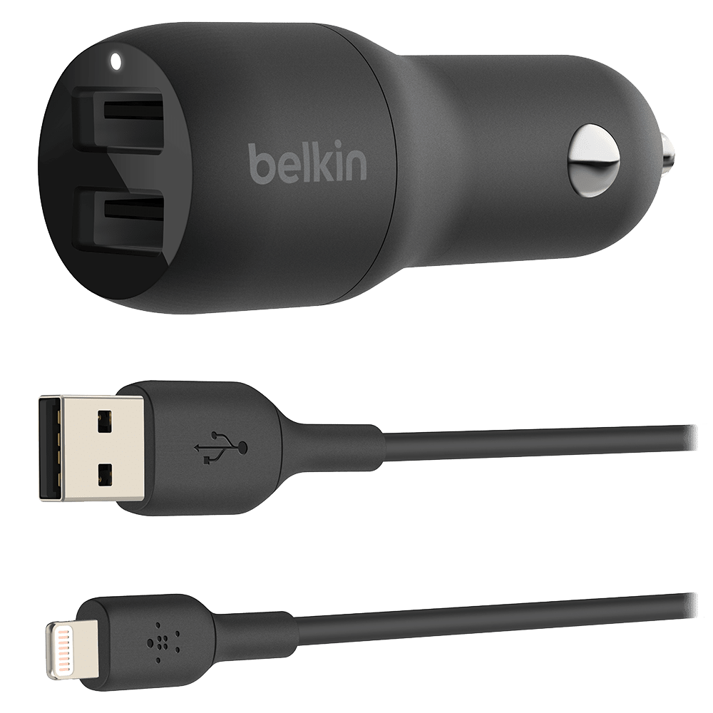 Belkin - Boost Up Charge Dual Port Usb A Car Charger 24w With Apple Lightning Cable 3ft - Black
