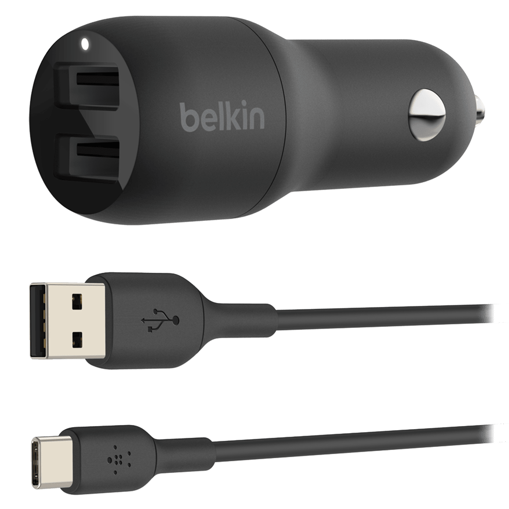 Belkin - Dual Port Usb A Car Charger 24w With Usb A To Usb C Cable 3ft - Black