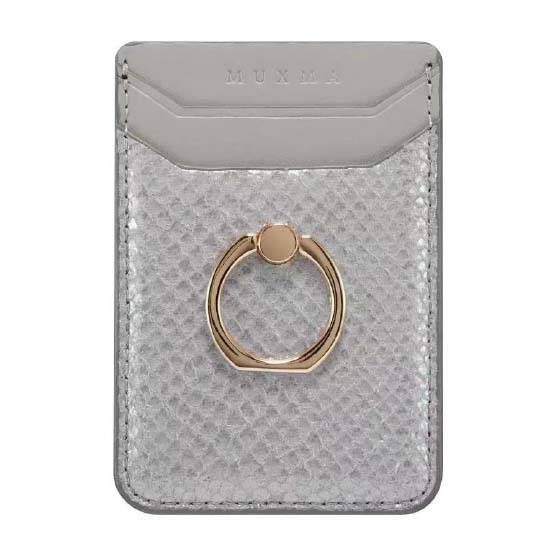 PU Snake Leather Card Holder Ring Pouch with 3M Adhesive - Silver