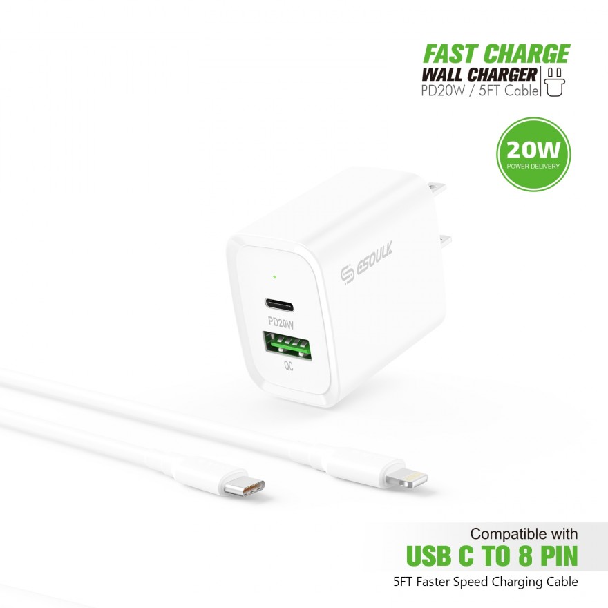 Esoulk 20W PD/QC Wall Charger & 5ft Cable for C to 8 Pin - White