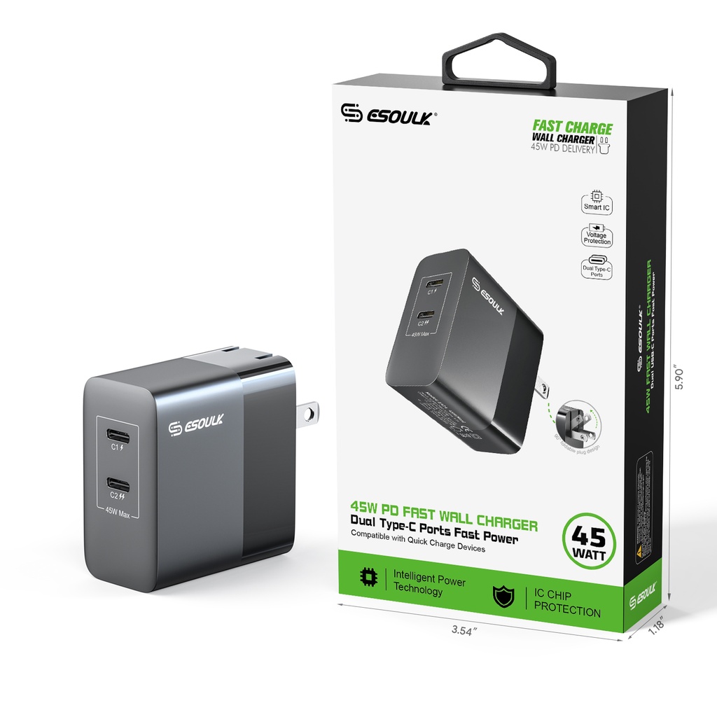Esoulk 45W PD Dual Type-C Fast Wall Charger - Black