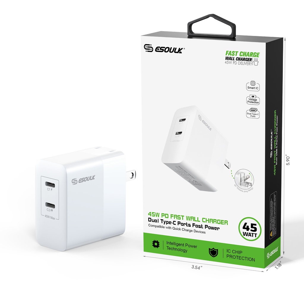Esoulk 45W PD Dual Type-C Fast Wall Charger - White