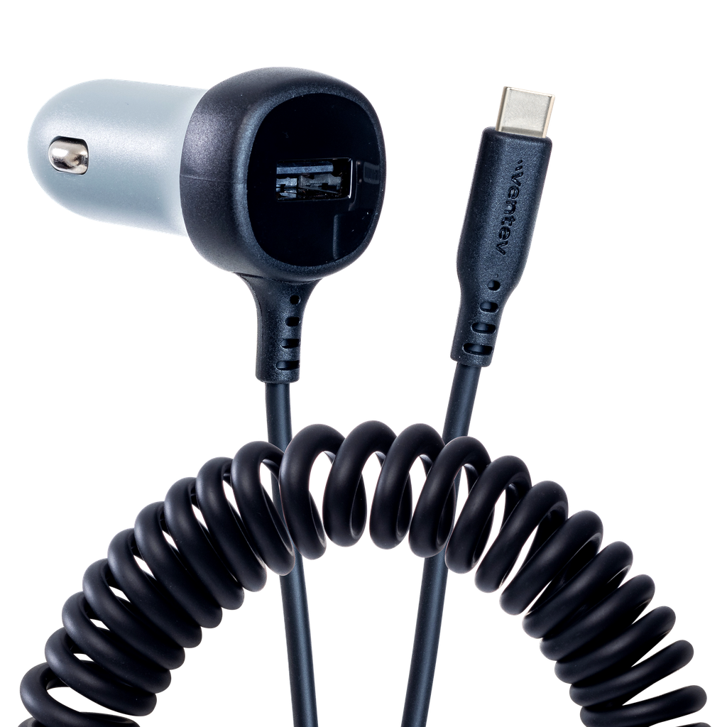 Ventev - 12w Usb A Car Charger W /  Attached 15w Usb C Cord - Dark Gray