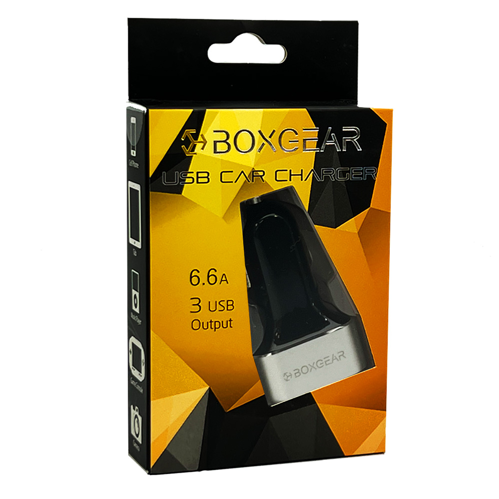 Boxgear USB Car Charger 6.6 A 3 USB Output - Black & Silver Head