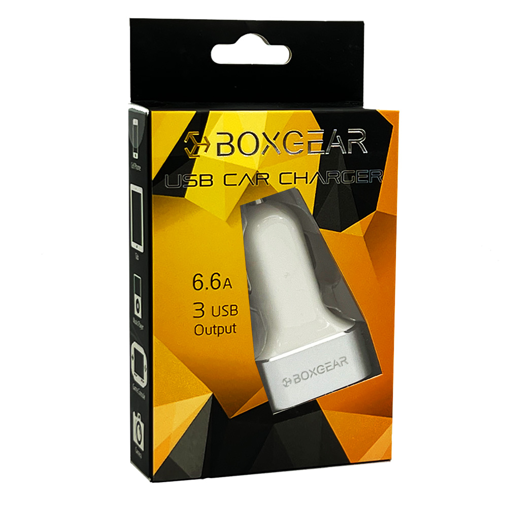 Boxgear USB Car Charger 6.6 A 3 USB Output - White & Silver Head