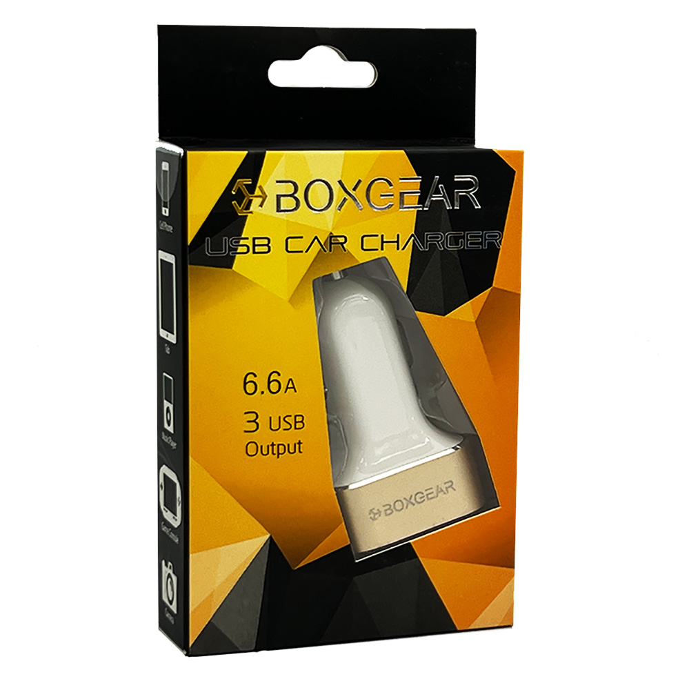 Boxgear USB Car Charger 6.6 A 3 USB Output - White & Gold Head
