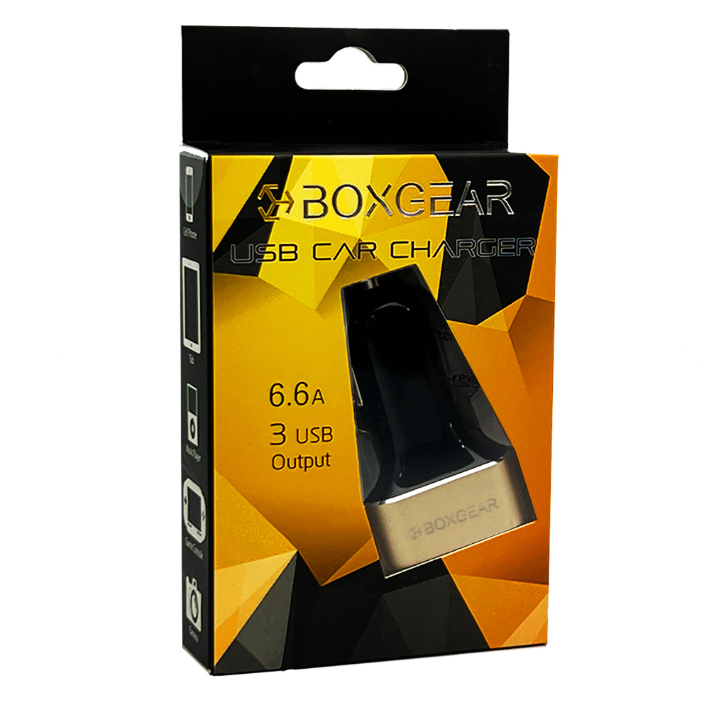 Boxgear USB Car Charger 6.6 A 3 USB Output - Black & Gold Head