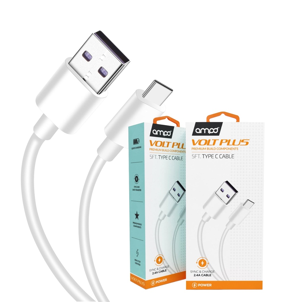 Ampd - Volt Plus Premium Usb A To Type C Data Cable 5ft - White