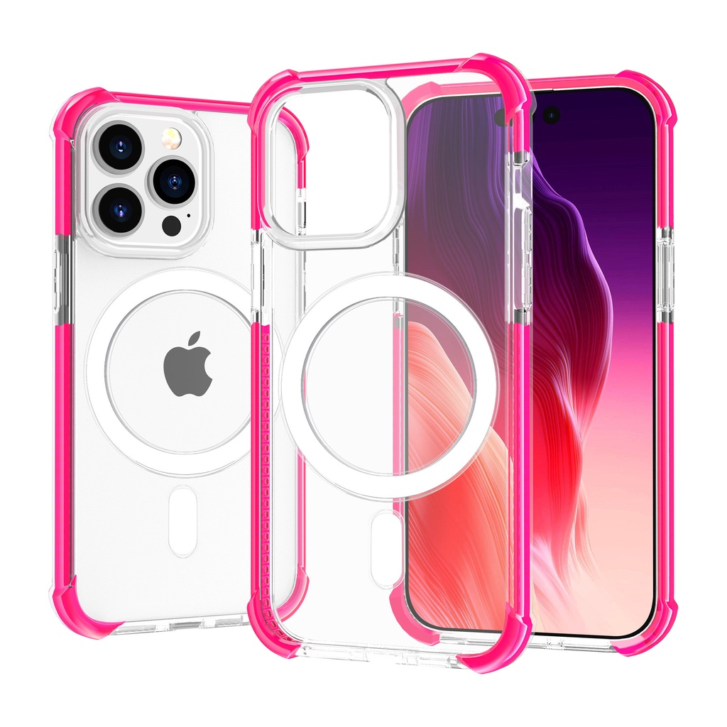 Hard Elastic Clear Case with Magsafe for iPhone 15 - Pink Edge