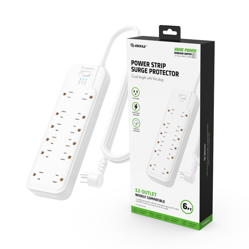 Esoulk 12-OUTLET POWER STRIP & 6FT POWER CORD (White)