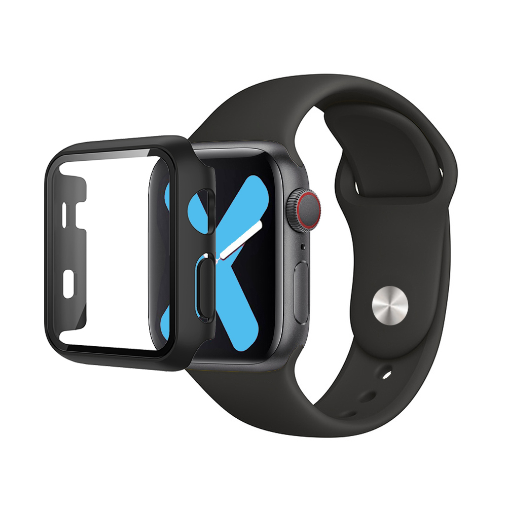 Premium Silicone Band & Bumper w/Tempered Glass iWatch 38mm - Black