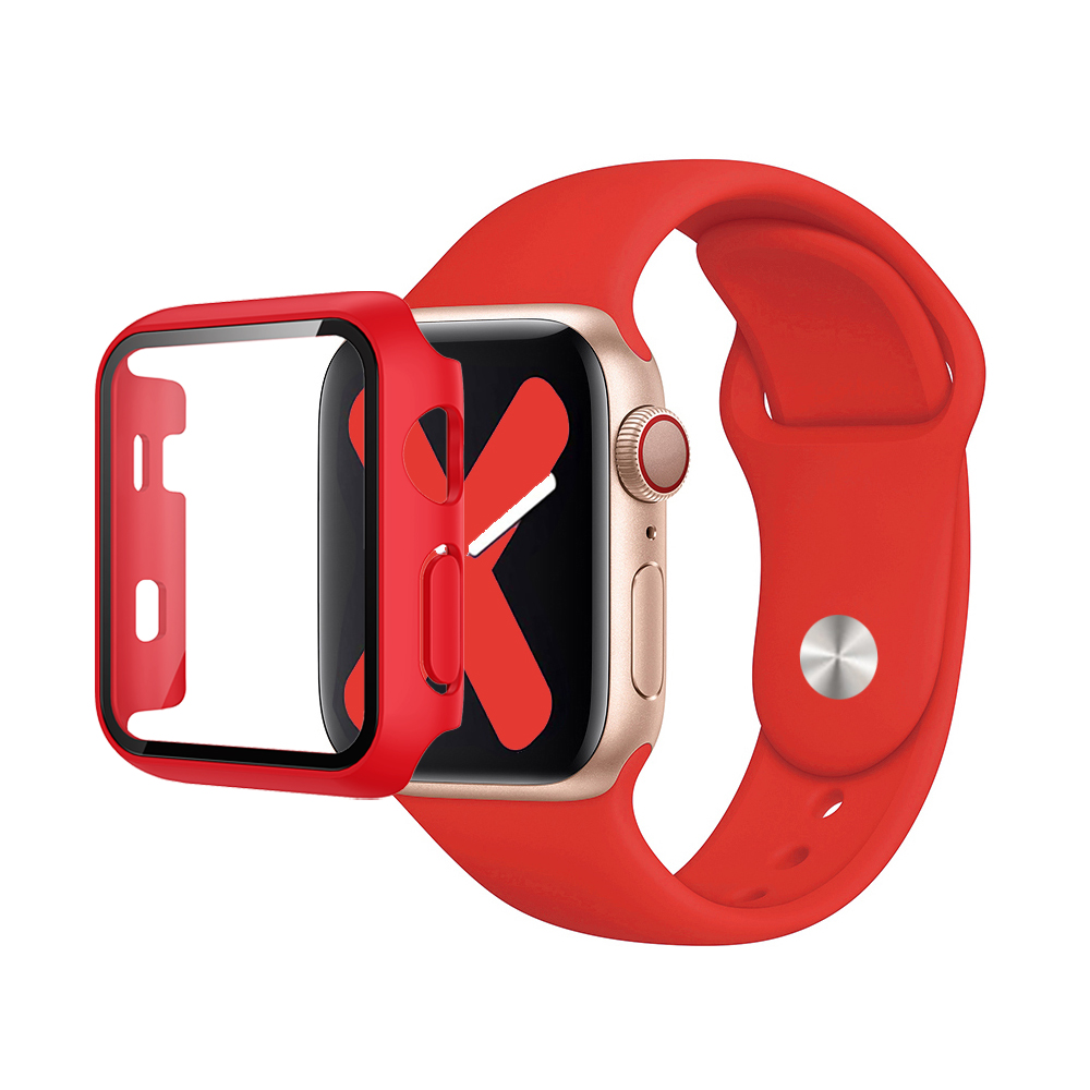 Premium Silicone Band & Bumper w/Tempered Glass iWatch 38mm - Red