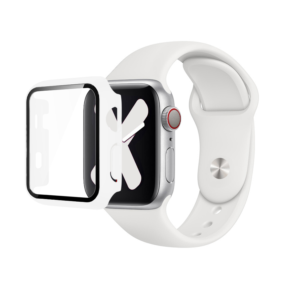 Premium Silicone Band & Bumper w/Tempered Glass iWatch 38mm - White
