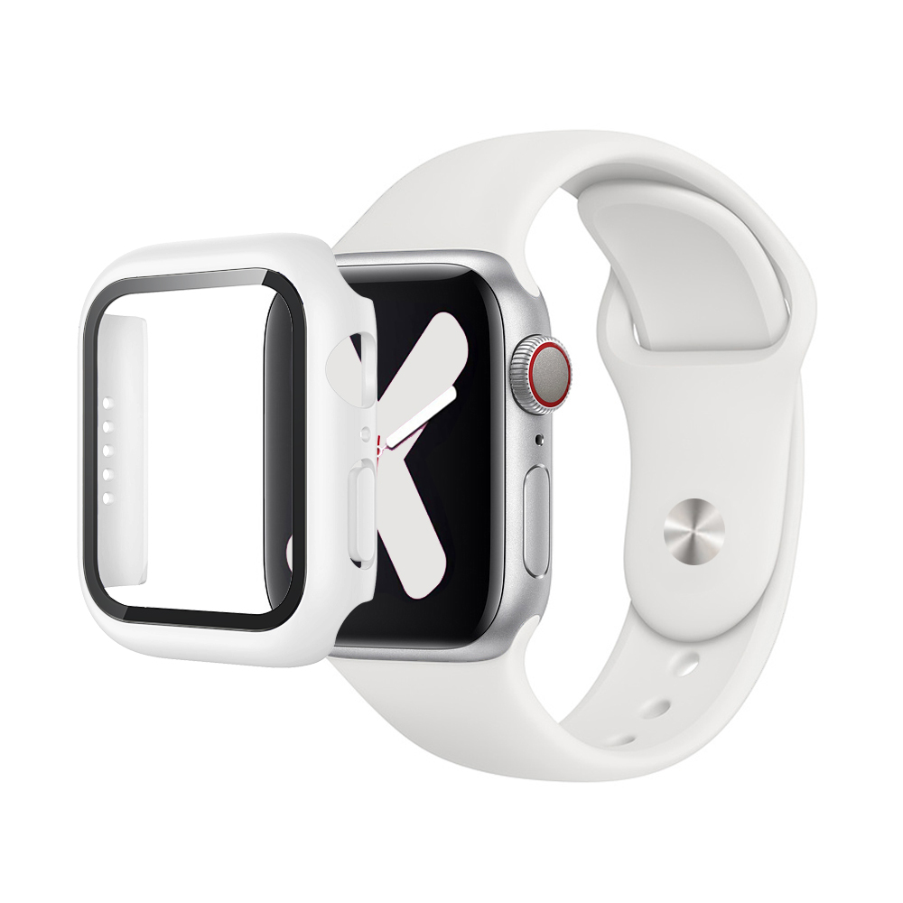 Premium Silicone Band & Bumper w/Tempered Glass iWatch 40mm - White