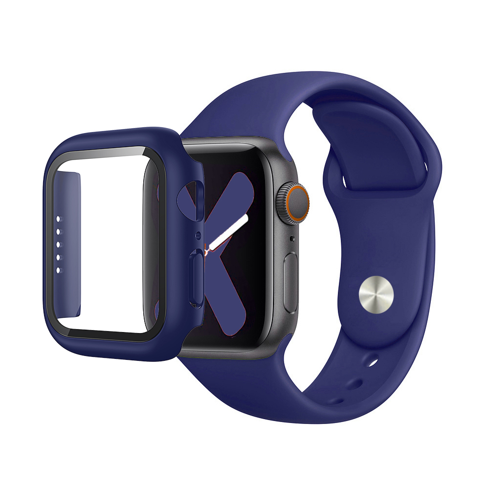 Premium Silicone Band & Bumper w/Tempered Glass iWatch 44mm - Navy