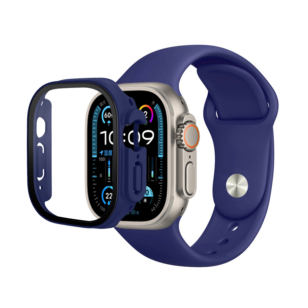 Premium Silicone Band & Bumper w/Tempered Glass iWatch 49mm - Navy