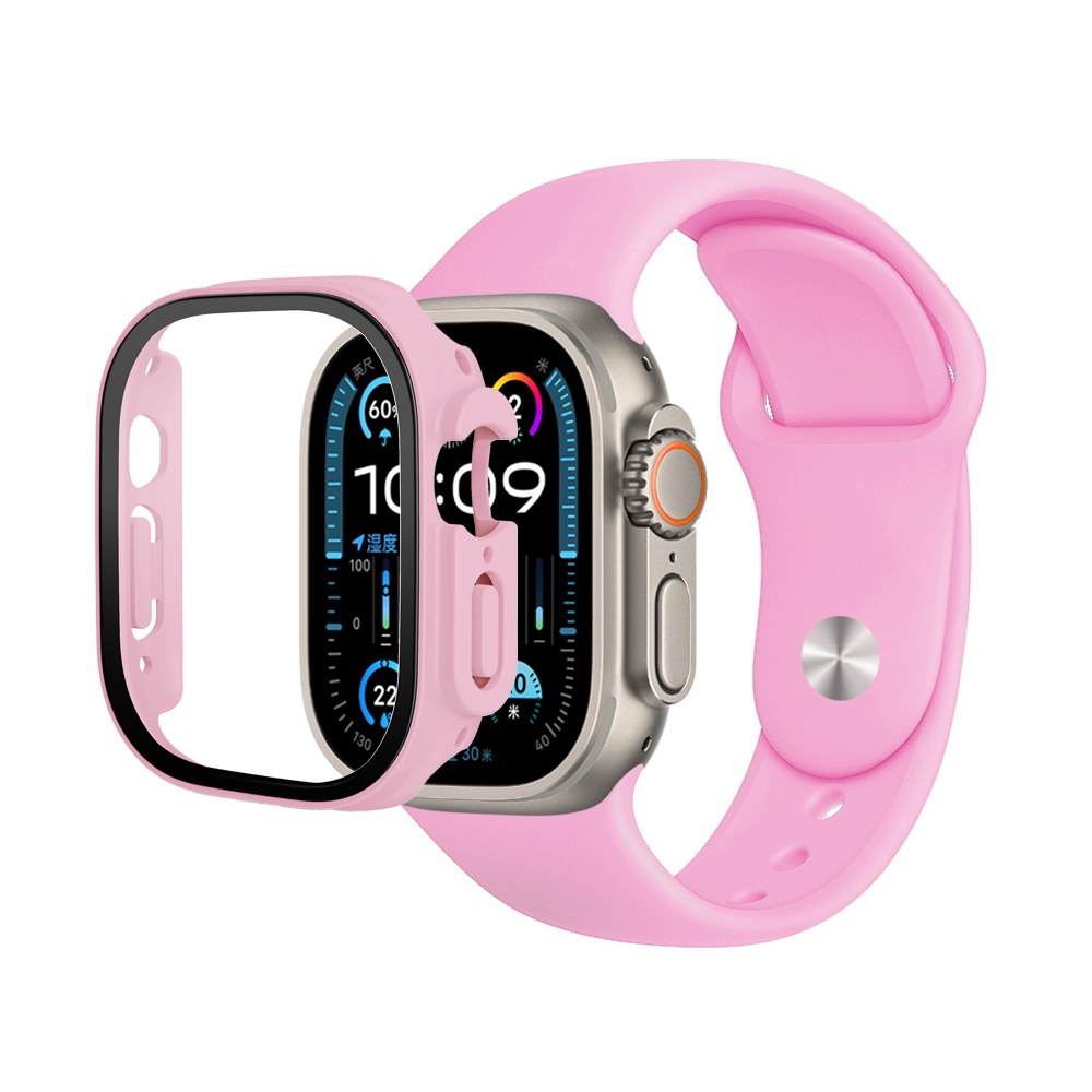 Premium Silicone Band & Bumper w/Tempered Glass iWatch 49mm - Pink