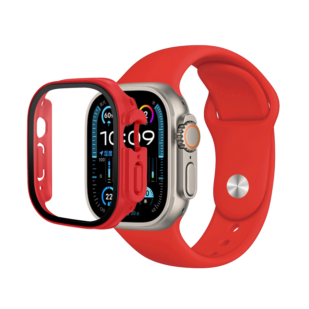 Premium Silicone Band & Bumper w/Tempered Glass iWatch 49mm - Red