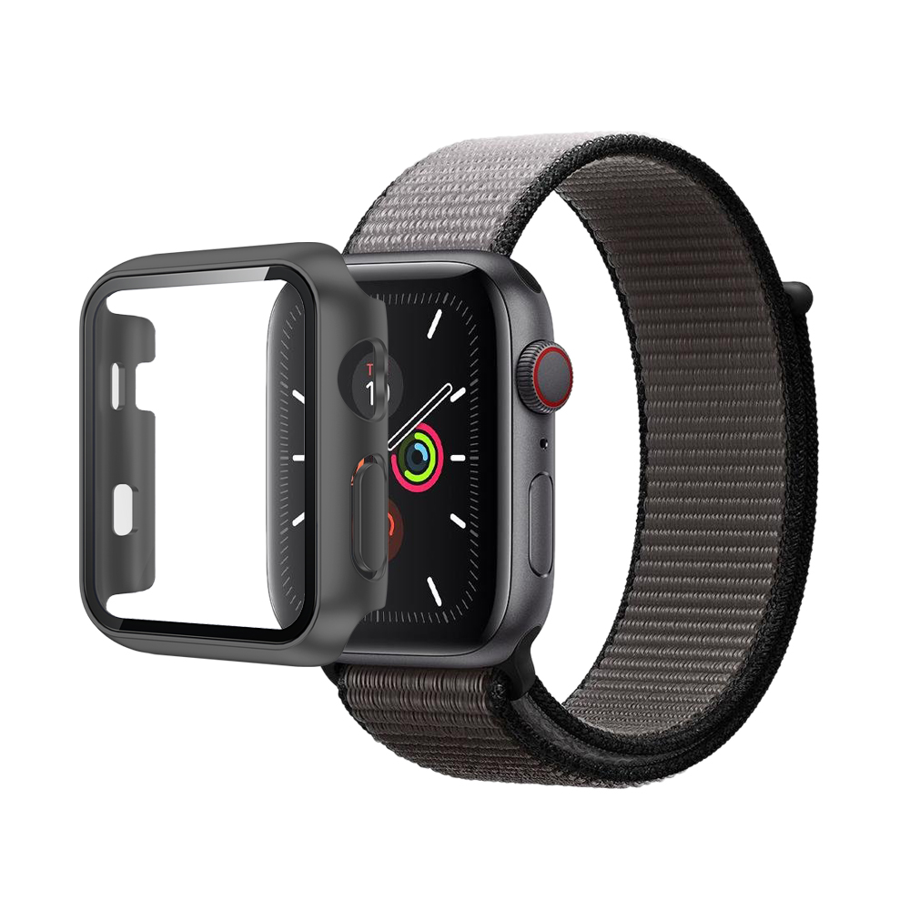 Nylon Weave iWatch Band & Bumper w/tempered glass 38mm - Black Gray
