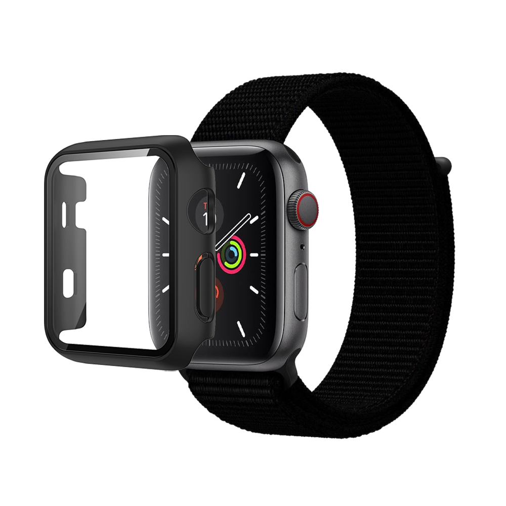 N-Loop Weave Band & Bumper w/Tempered Glass For iWatch 42mm - Black