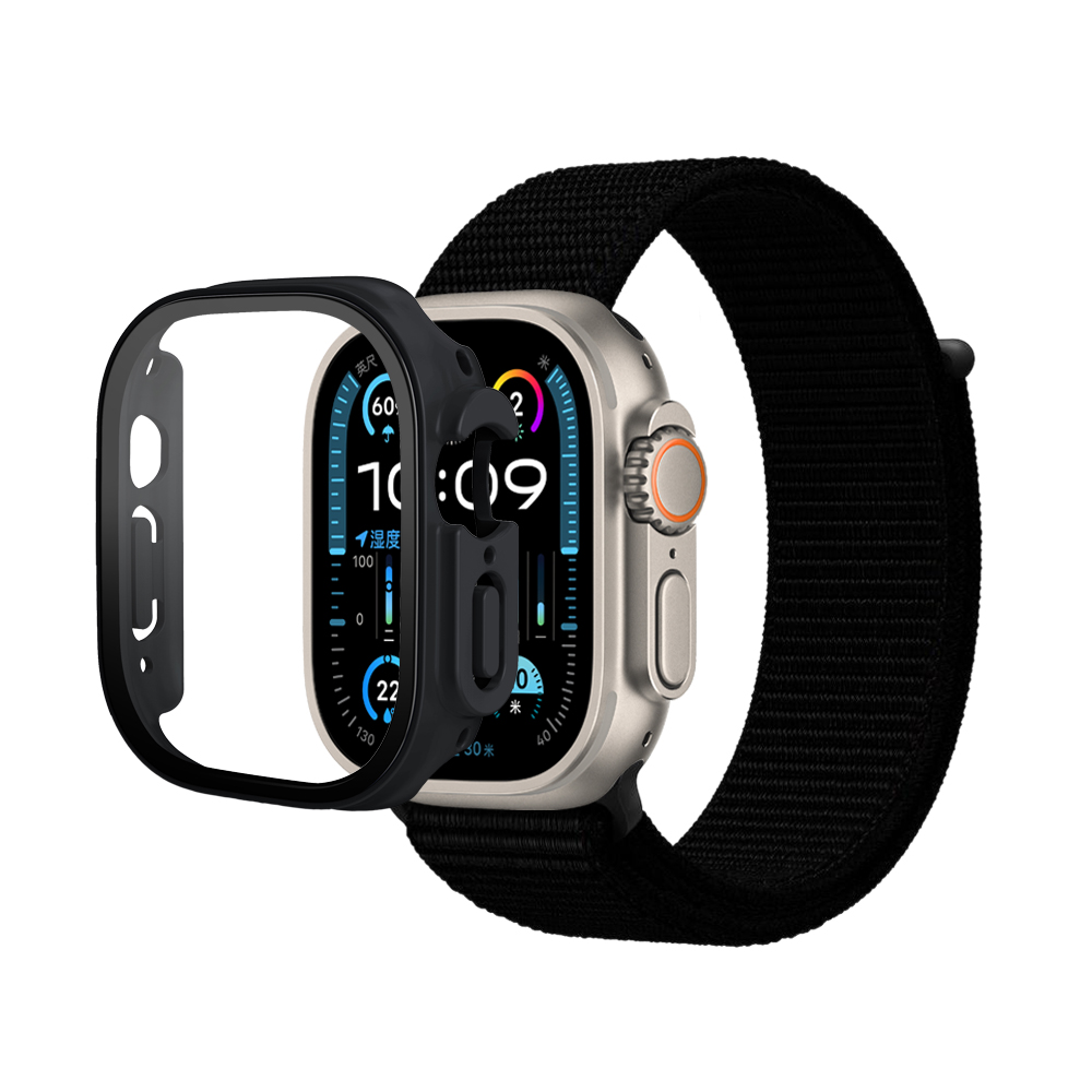 Nylon Weave iWatch Band & Bumper w/tempered glass 49mm - Black