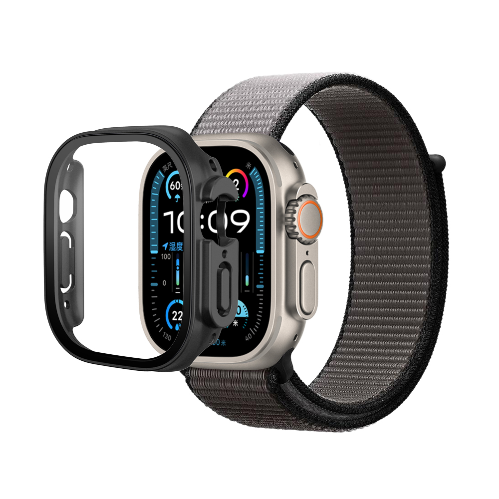 N-Loop Weave Band & Bumper w/Tempered Glass For iWatch 49mm - Black Gray