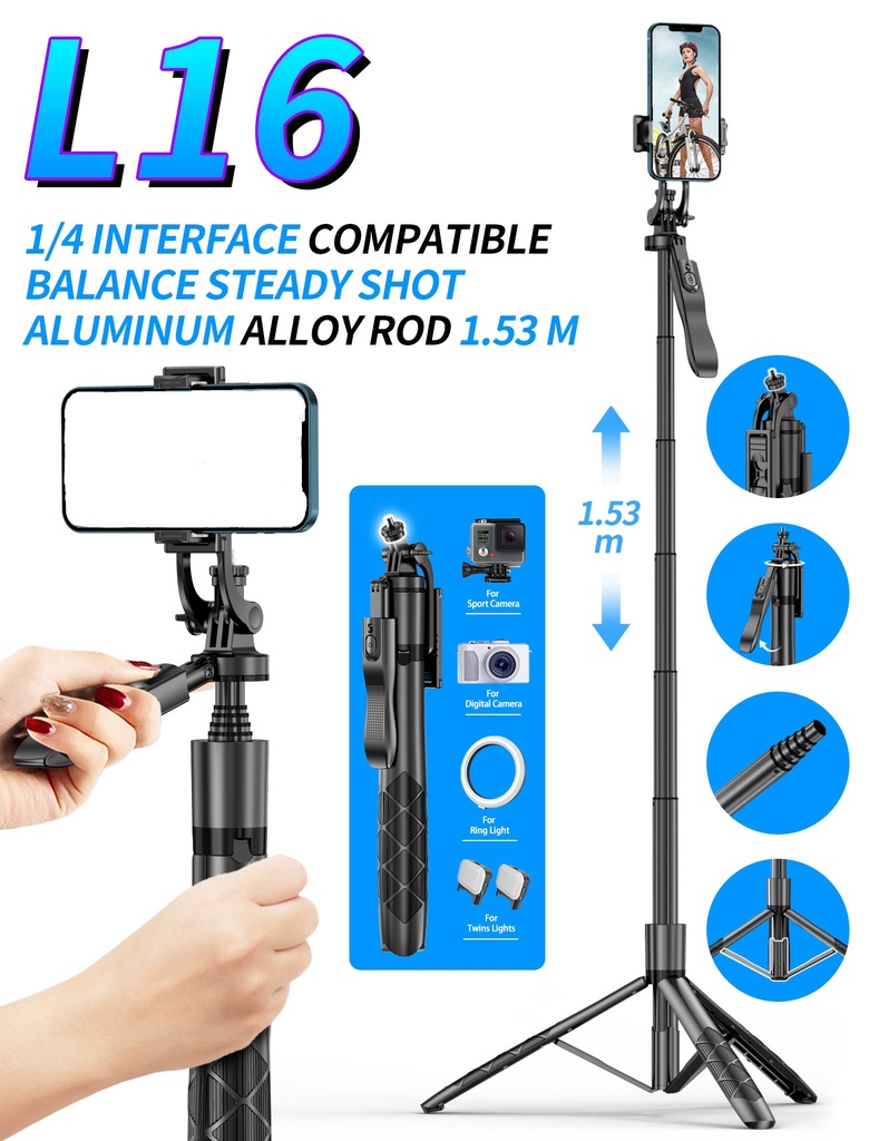Long Selfie Stick Tripod with Bluetooth Remote Shutter and LED Lights (L16-155cm)